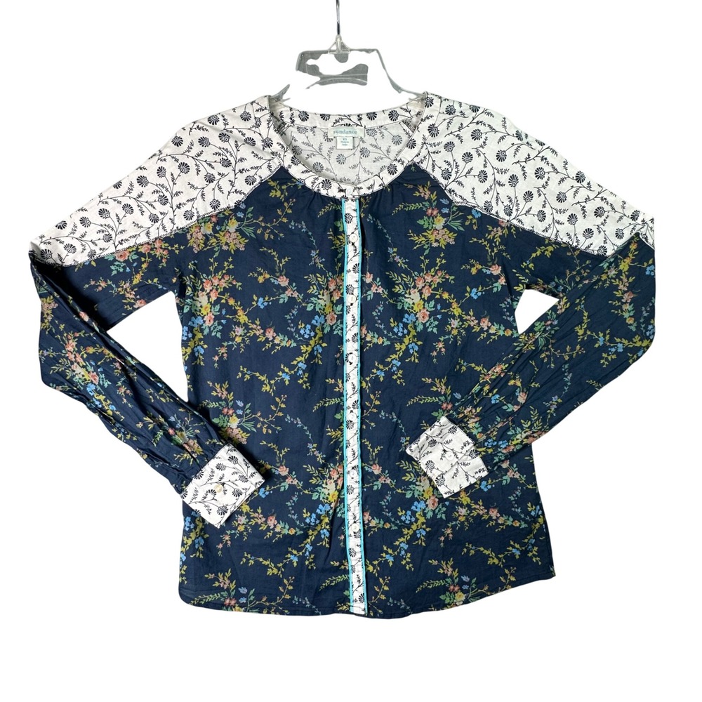 Sundance Floral Mixed Print Button Up Blouse Boho Cottagecore XS Navy White